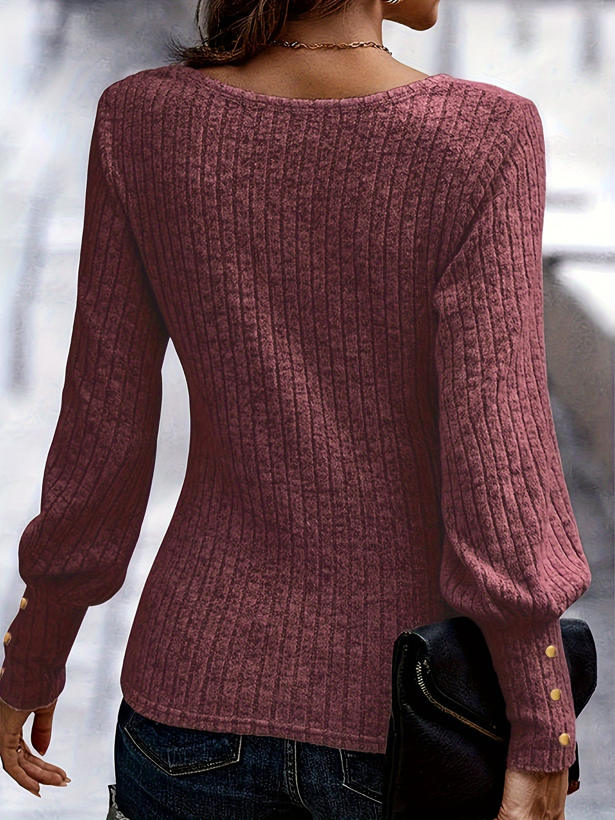 Women's Ribbed Bishop Sleeve Crew Neck Top Solid Color Elegant Knit Blouse - Casual Chic Long Sleeve Pullover for Spring Fall Office Daily Wear