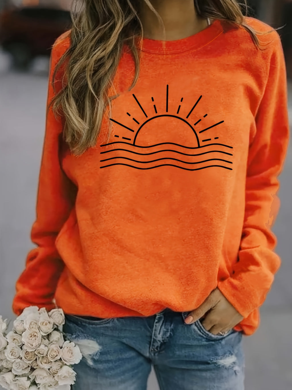 Sun Graphic Long Sleeve T-Shirt Women Round Neck Casual Top Fall Winter Polyester – Sunrise Print Positioning Graphic Tee Rust Color S-XXL
