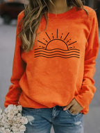 Sun Graphic Long Sleeve T-Shirt Women Round Neck Casual Top Fall Winter Polyester – Sunrise Print Positioning Graphic Tee Rust Color S-XXL