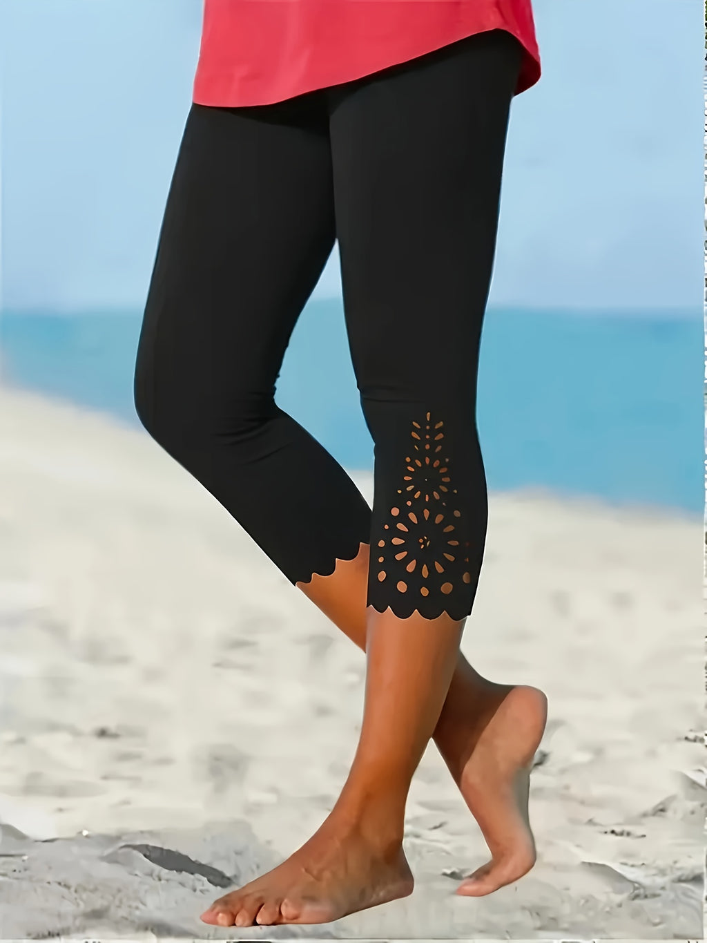 Women's High Stretch Capri Leggings Cut Out Mid-Calf Pants Breathable Tummy Control – 95% Polyester Non-Sheer Elastic Black S-XXL