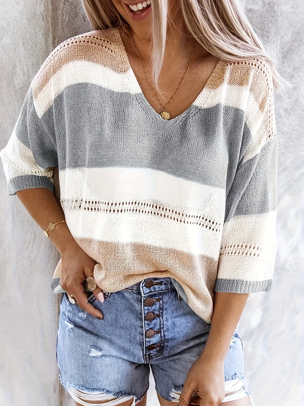 Women's V-Neck Hollow Out Off Shoulder Top Colorblock Stripe Knit Shirt - Casual Summer Blouse for Daily Wear Beach Vacation