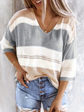 Women's V-Neck Hollow Out Off Shoulder Top Colorblock Stripe Knit Shirt - Casual Summer Blouse for Daily Wear Beach Vacation