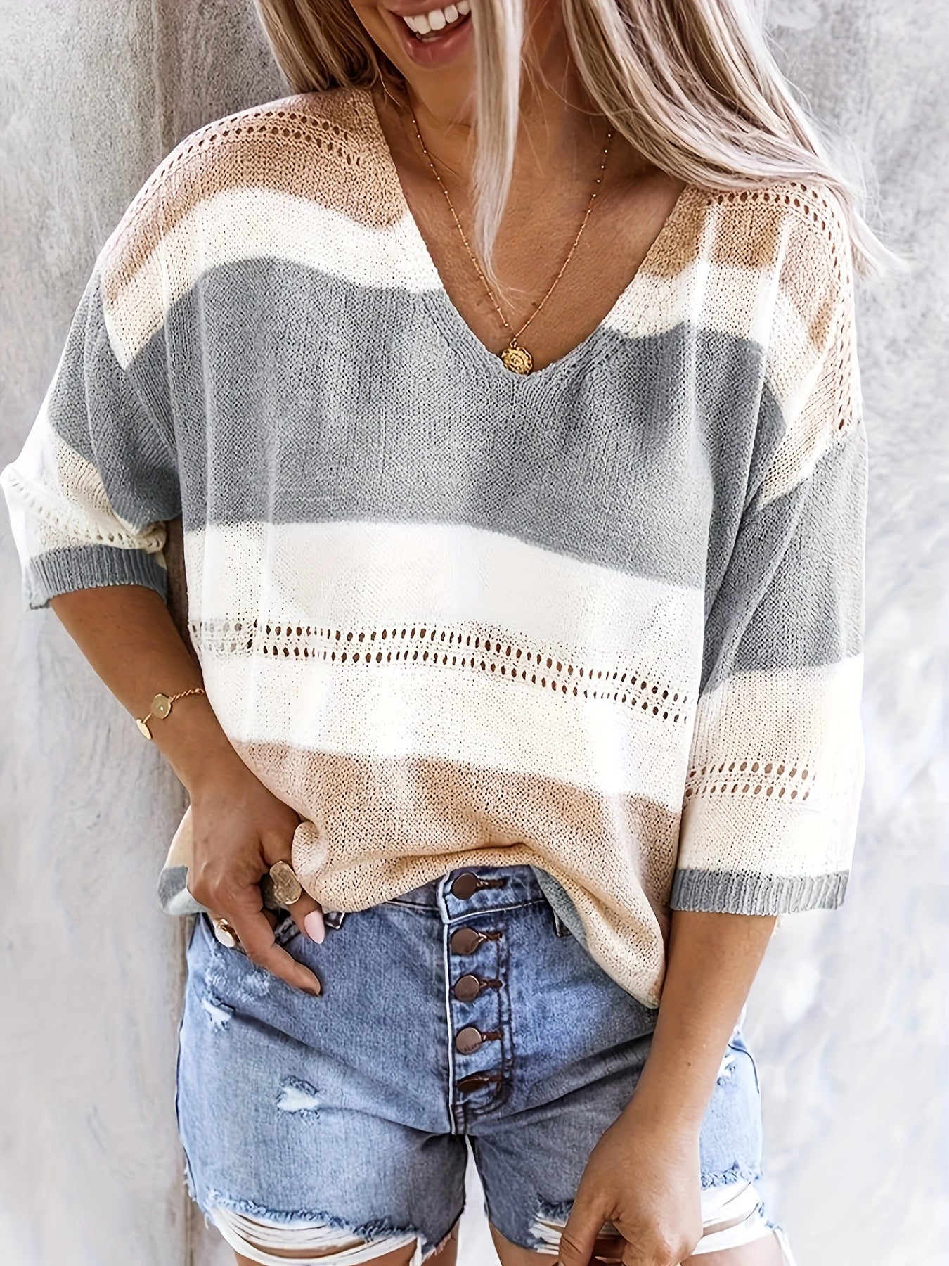 Women's V-Neck Hollow Out Off Shoulder Top Colorblock Stripe Knit Shirt - Casual Summer Blouse for Daily Wear Beach Vacation