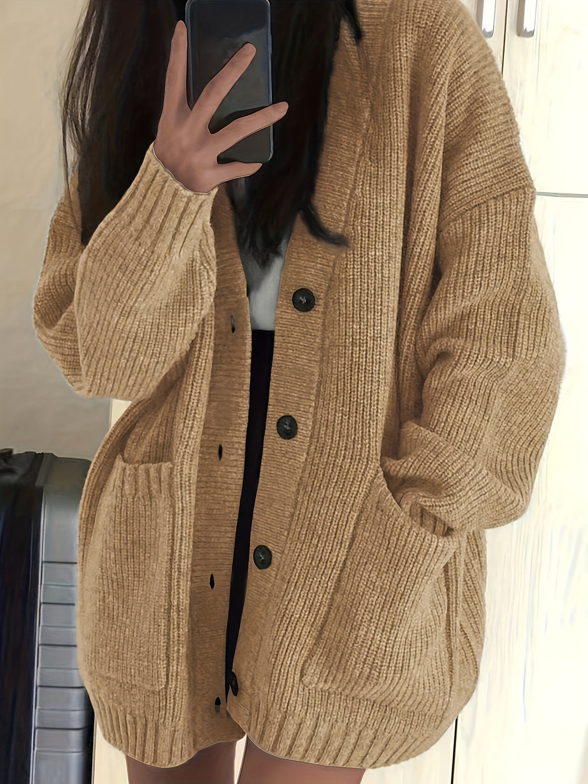 Oversized Ribbed Knit V-Neck Button Down Cardigan Sweater Women Fall Winter Casual Cozy Layering Outerwear