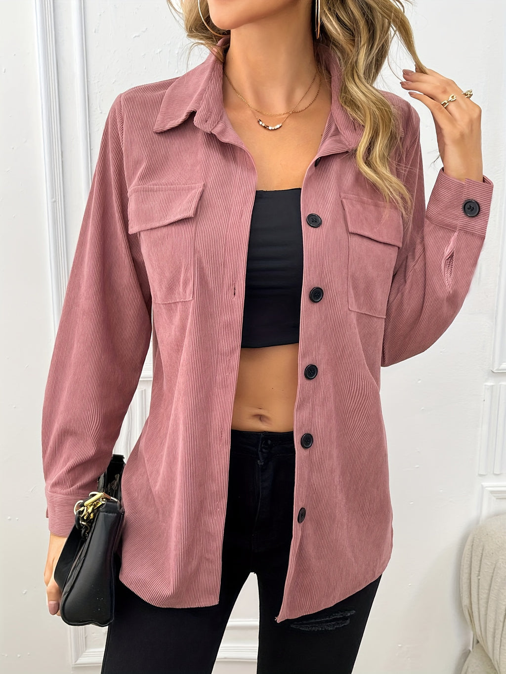 Corduroy Shirt Jacket Women Lapel Front Pocket Long Sleeve Shacket Casual Fall Outerwear Pale Pink Gray Peacock Blue Black XS S M L XL