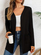Women's Open Front Cardigan Solid Color Mid-Length Long Sleeve Casual Knit Cardigan Dual Pockets Lightweight Spring Fall Sweater Black S M L XL XXL