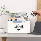 Large Solid Wood Desktop Mail Organizer with Drawer and 4 Compartments Labelable Dividers for Files Letters Paper Folders Desk Organizer for Home Office Students and Professionals