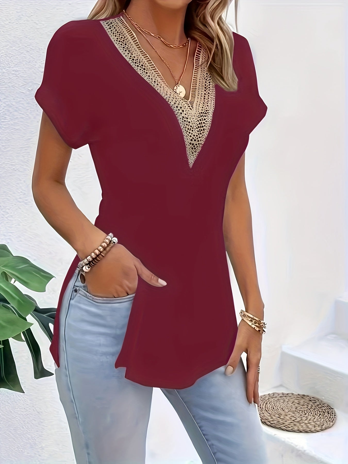 Women's Guipure Lace V-Neck Split Short Sleeve T-Shirt Vintage Knit Polyester Top Black Grey S M L XL Spring Summer Casual Chic