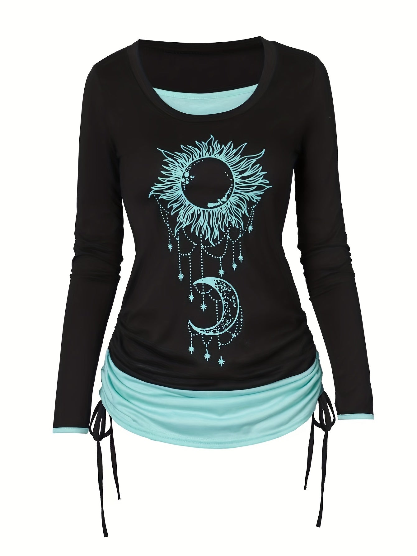 Women's Moon Sun Print Long Sleeve T-Shirt Colorblock Ruched Side Tie Casual Top Stretch Knit 2-in-1 Style Fashion Tee S M L XL XXL