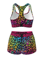 Women's Rainbow Leopard Print Workout Set – 2-Piece Sports Bra & High Waist Shorts Athletic Outfit for Yoga Gym Running Dance Festival, Colorful Activewear for Teens & Women Sizes S-XXL