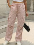 Women's Cargo Pants with Multiple Pockets - Casual Drawstring Waist Loose Fit Trousers, Solid Color All-Season Comfort Outdoor Leisure Pants, Nontransparent Woven Fabric