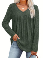 Women's V-Neck Long Sleeve Pullover Top – Lightweight Casual Front Pleat Blouse for Women, Elegant Loose Fit Dressy Shirt, Multiple Colors, Sizes S-XXL