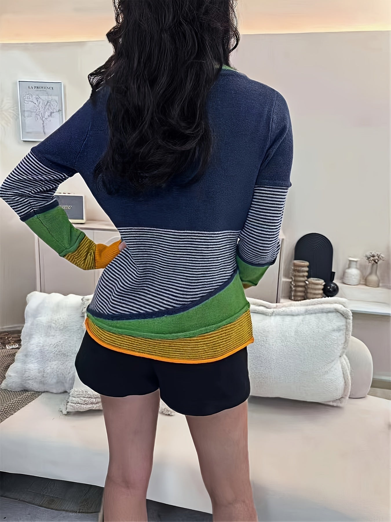 Women's Y2K Striped Color Block Pullover Sweater Crew Neck Button Detail | Casual Fall Winter Asymmetrical Knit Top Navy S M L XL XXL
