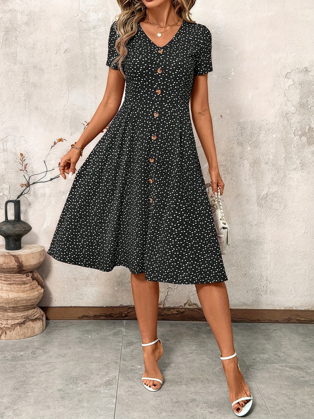 Women's V-Neck Button Waist-Cinching A-Line Swing Dress Flowy Print Elegant Tea Party Valentine's Day Spring Summer Casual Dress Black Red S-XXL