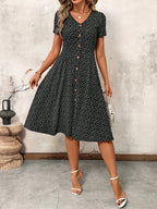 Women's V-Neck Button Waist-Cinching A-Line Swing Dress Flowy Print Elegant Tea Party Valentine's Day Spring Summer Casual Dress Black Red S-XXL