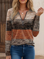 Women's Coffee Striped Zipper T-Shirt Geometric Print Casual Stretch Knit Top Short Sleeve Polo Style Tee for Daily Wear