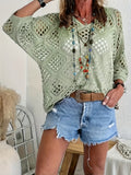 Bohemian V-Neck Openwork Sweater Women 3/4 Sleeve Lightweight Pullover Spring Summer Fall Casual Tops US Warehouse