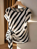 Women's Sleeveless Blouse French Style Striped Bow Detail - Semi-Sheer Round Neck Shirt Spring Summer Fall Casual Dressy Tops | Elegant French-Inspired Design Machine Washable Ladies Top