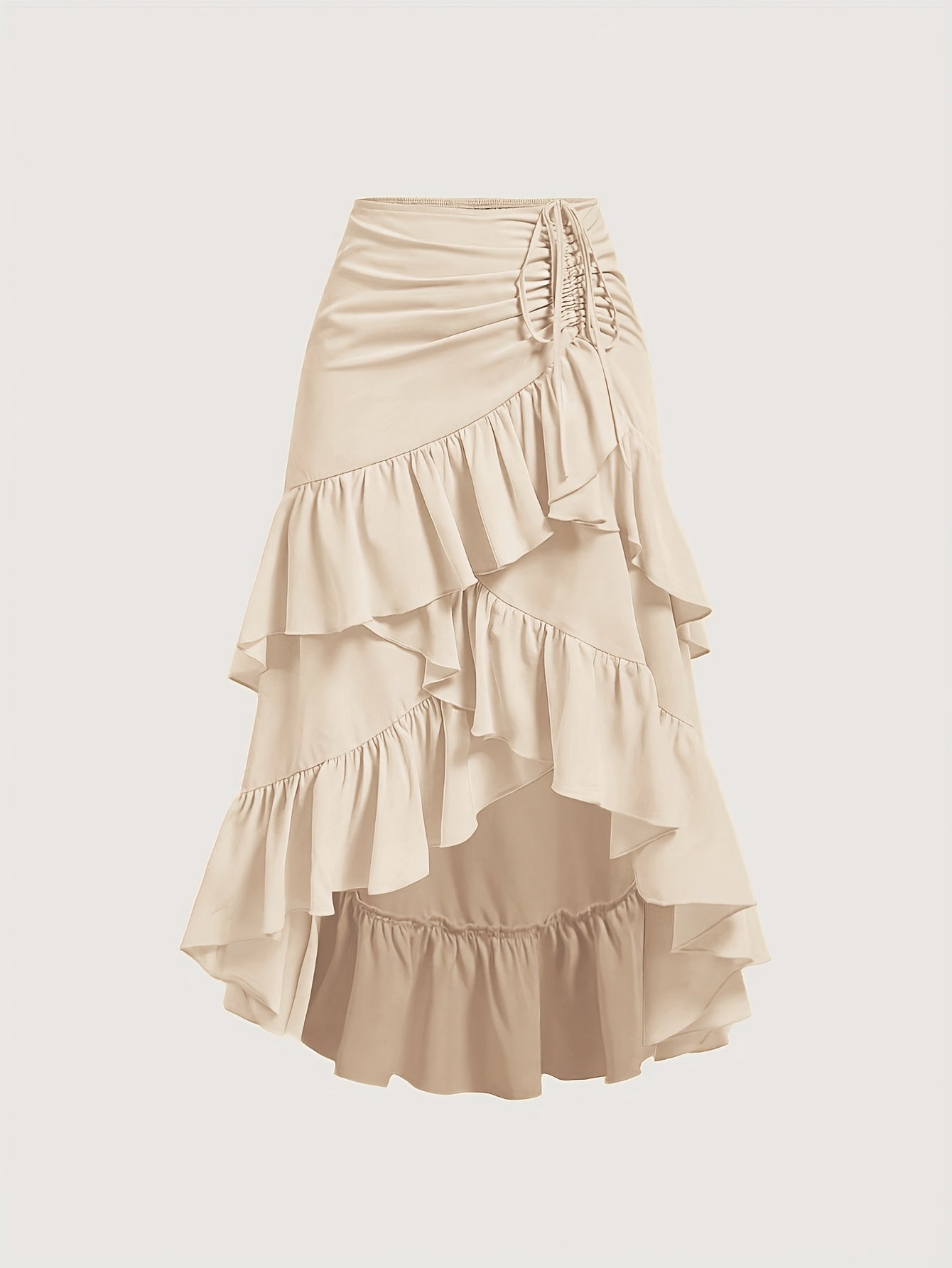 Women's Asymmetrical Pleated Hem Multi-Layer Midi Skirt – Flowy Chiffon-Style 100% Polyester Spring Fall Fashion Tiered Ruffle Swing Skirt