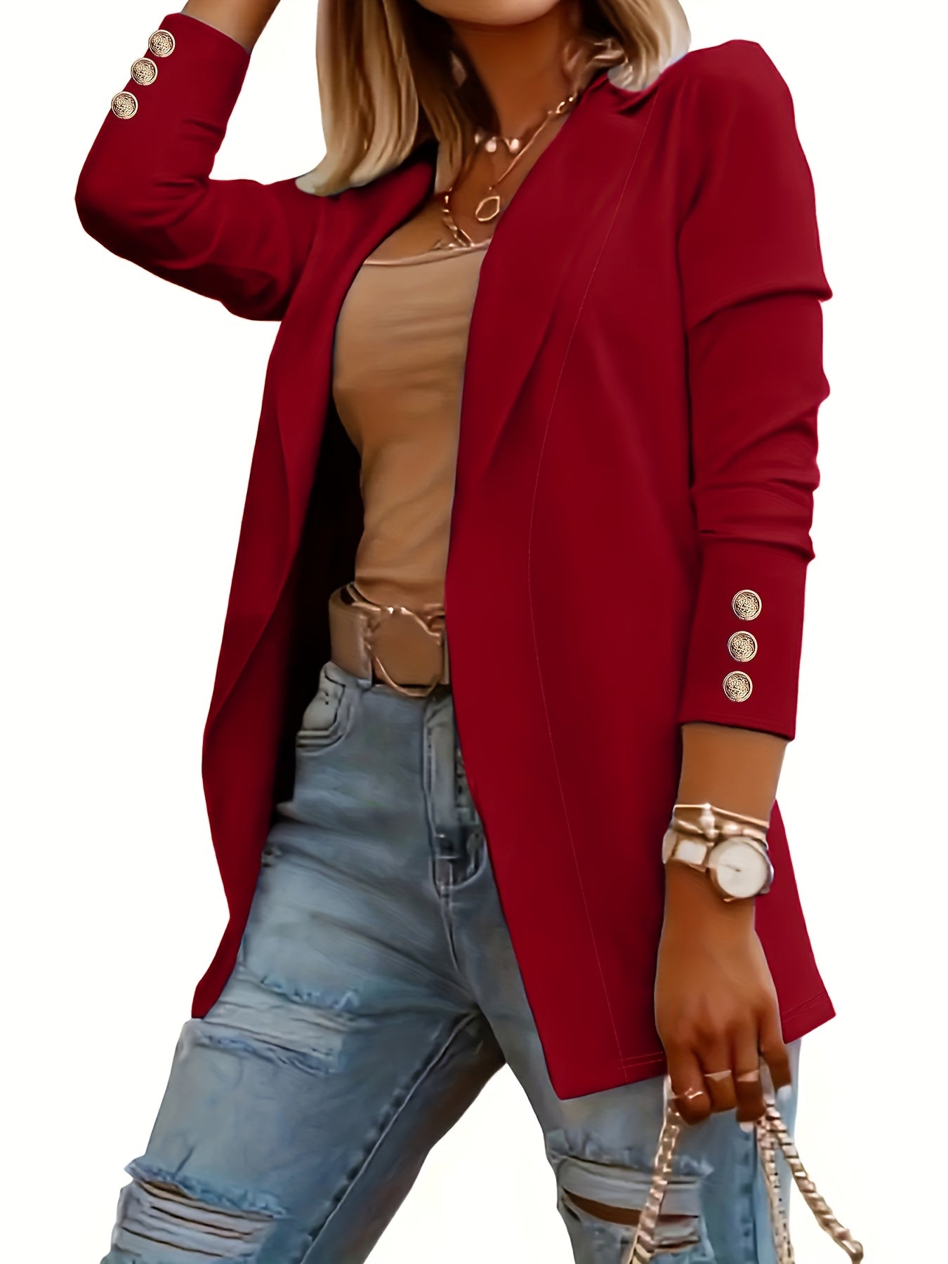 Women's Cardigan Coat Solid Color Midi Length Flap Collar Long Sleeve Decorative Button Open Front Knit Cardigan Sweater Coat
