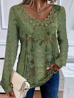 Women's Floral Print Lace Collar Long Sleeve T-Shirt Elegant Casual Top - Nature-Inspired Print Polyester Knit Blouse for Spring Fall Daily Wear Office Outfits