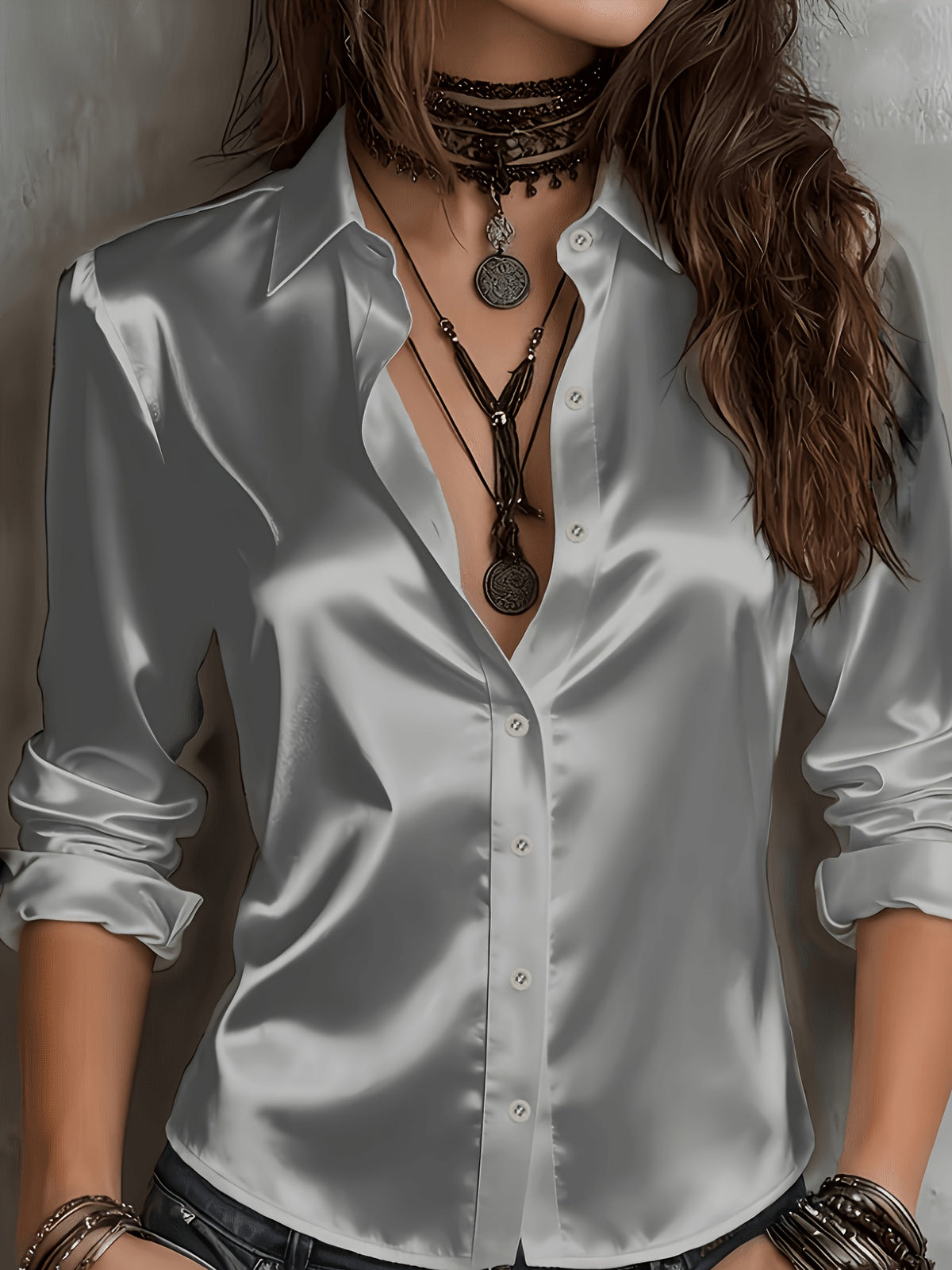 Women's Satin Shirt Elegant Commuter Blouse All Season Temperament Button-Down Top Silky Smooth Office Work Casual Wear S M L XL XXL