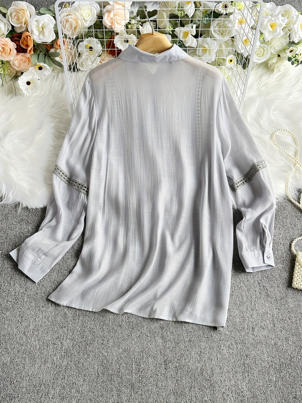 Women's Lace Patchwork Button-Up Long Sleeve Shirt Elegant Semi-Sheer Blouse White XS S M L XL XXL Vacation Date Office Fashion Top