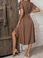 Women's Elegant Polka Dot Criss Cross Neck Short Sleeve Side Slit Dress - Timeless Summer Midi Dress for Casual Brunch Date Night Beach Vacation Spring Summer