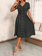 Women's V-Neck Button Waist-Cinching A-Line Swing Dress Flowy Print Elegant Tea Party Valentine's Day Spring Summer Casual Dress Black Red S-XXL