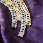 Men's Cuban Link Chain Necklace Hip Hop Style with Synthetic Gem Inlay – Silver & Gold Tone, 45cm / 50cm, Gift Box Included, Bold Statement Jewelry for Any Occasion