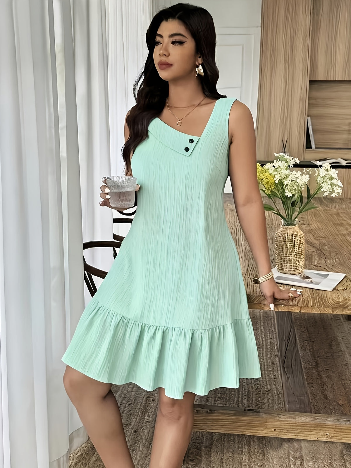 Women's Sleeveless Asymmetric Neck Dress – Solid Color 100% Polyester Woven Spring & Summer Fashion Dress for Casual & Elegant Occasions
