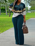 Women's All-Over Print Two-Piece Set | V-Neck Long Sleeve Top & Wide Leg Pants Matching Outfit Stretchy Knit Casual Loungewear Co-ord