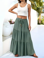 Women's High Waist Pleated Long Skirt A-Line Flowy Drawstring Pocket Maxi Skirt Beach Summer Casual Green Black Navy Orange S-XXL