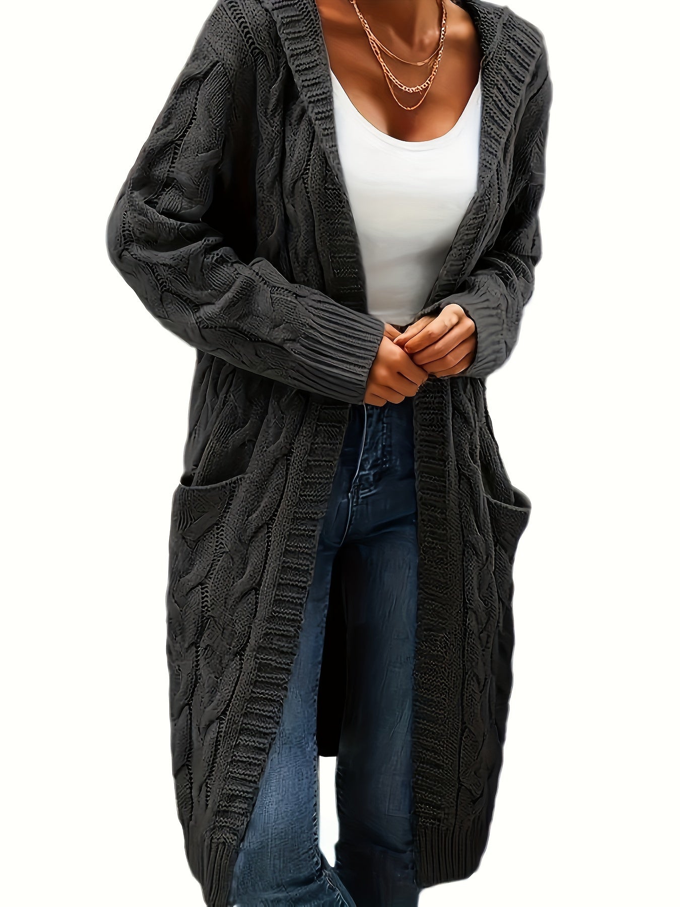 Women's Collarless Knit Cardigan – Minimalist Solid Color Polyester Casual Open Layer for Fall & Winter in 19 Colors