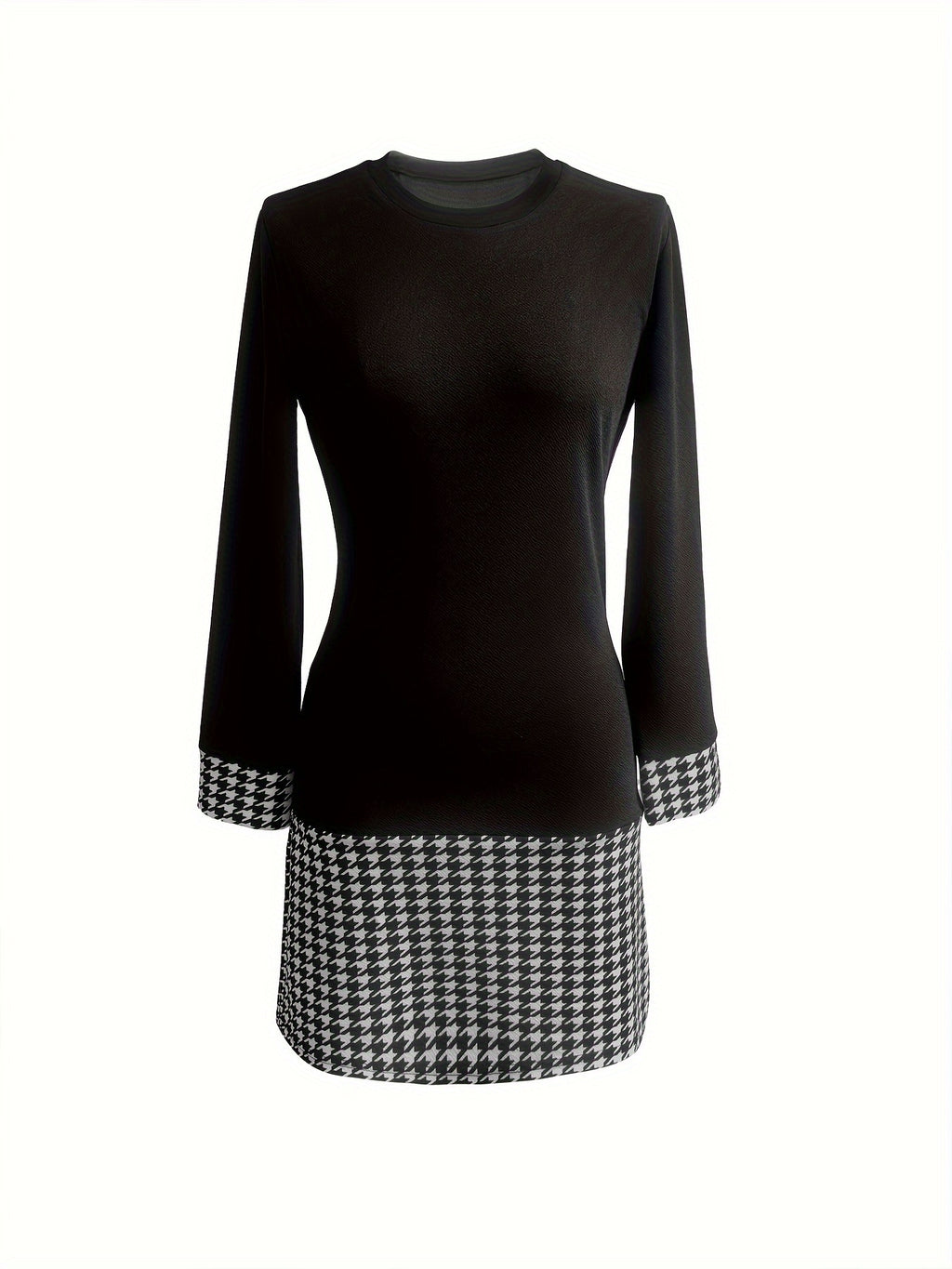 Women's Color Block Print A-Line Dress Long Sleeve Round Neck Bodycon Midi Dress Casual Streetwear Black S-XXL