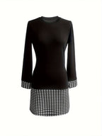 Women's Color Block Print A-Line Dress Long Sleeve Round Neck Bodycon Midi Dress Casual Streetwear Black S-XXL