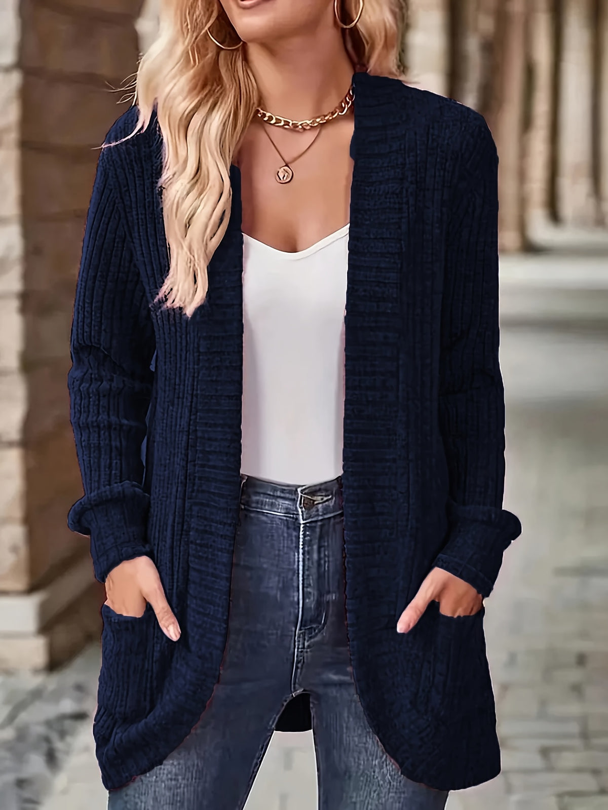 Women Open Front Cardigan Jacket with Pockets Long Sleeve Solid Color Casual Knit Coat Light Grey Black S M L XL Lightweight Layering Outerwear