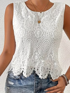Women's Crochet Hollow Out Sleeveless Top – Round Neck Solid Color Boho Beach Cover-Up for Vacation, Summer & Casual Fashion