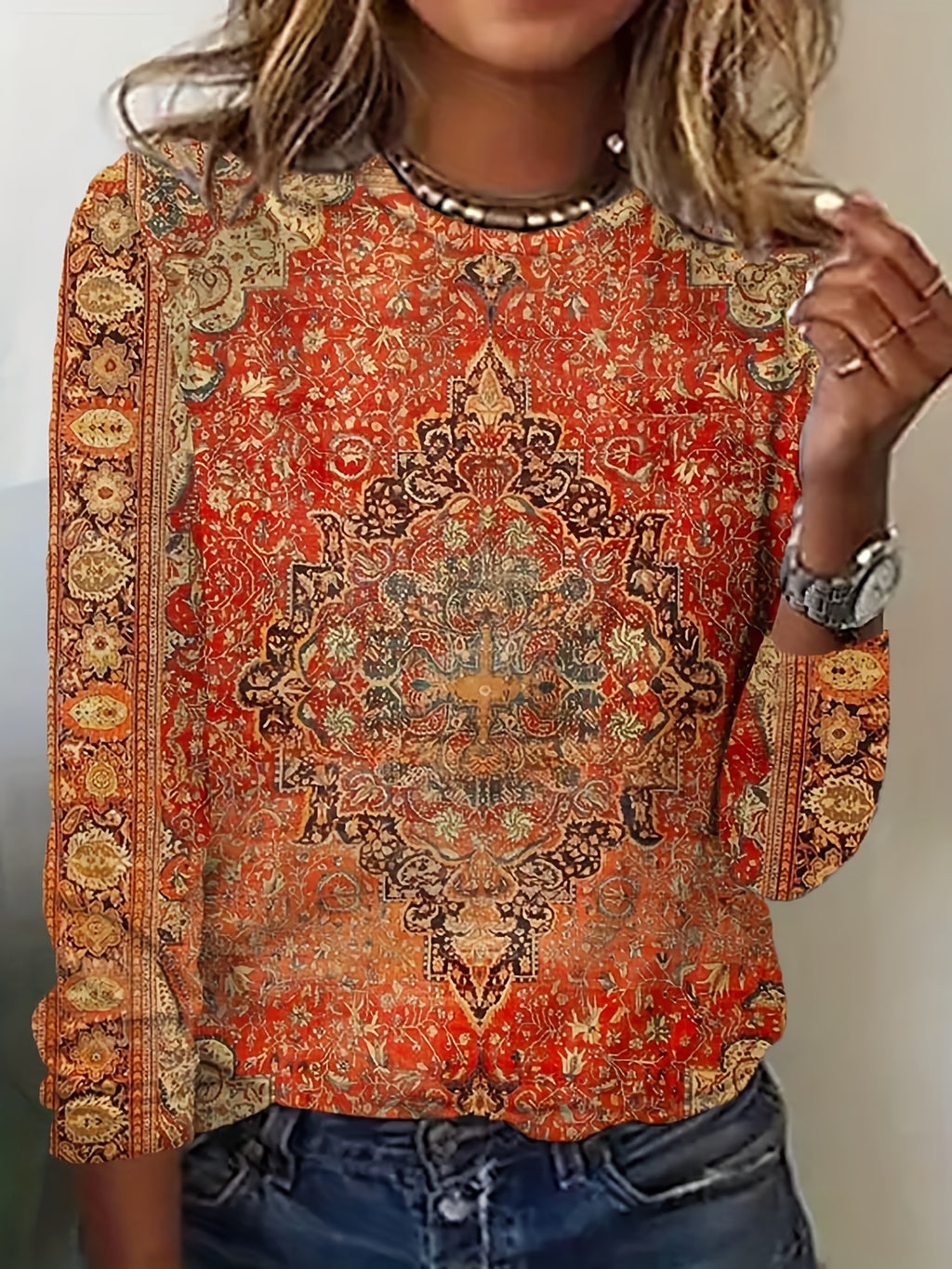 Women's Boho Persian Medallion Print Long Sleeve Top - Digital Floral Geometric Pattern Crew Neck Loose Casual Shirt, Vintage Ethnic Graphic Tee Orange Red S-XXL