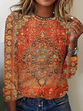 Women's Boho Persian Medallion Print Long Sleeve Top - Digital Floral Geometric Pattern Crew Neck Loose Casual Shirt, Vintage Ethnic Graphic Tee Orange Red S-XXL