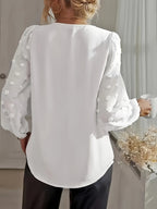 Women's Swiss Dot Patchwork Lantern Sleeve V-Neck Shirt - Elegant Flowy Blouse for Casual Office Date Night | White Black Green Gray S-XXL