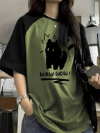 Y2K Cute Cat Letter Print Raglan Sleeve T-Shirt Women Round Neck Stretch Casual Top Olive Green Camel Red S M L XL XXL