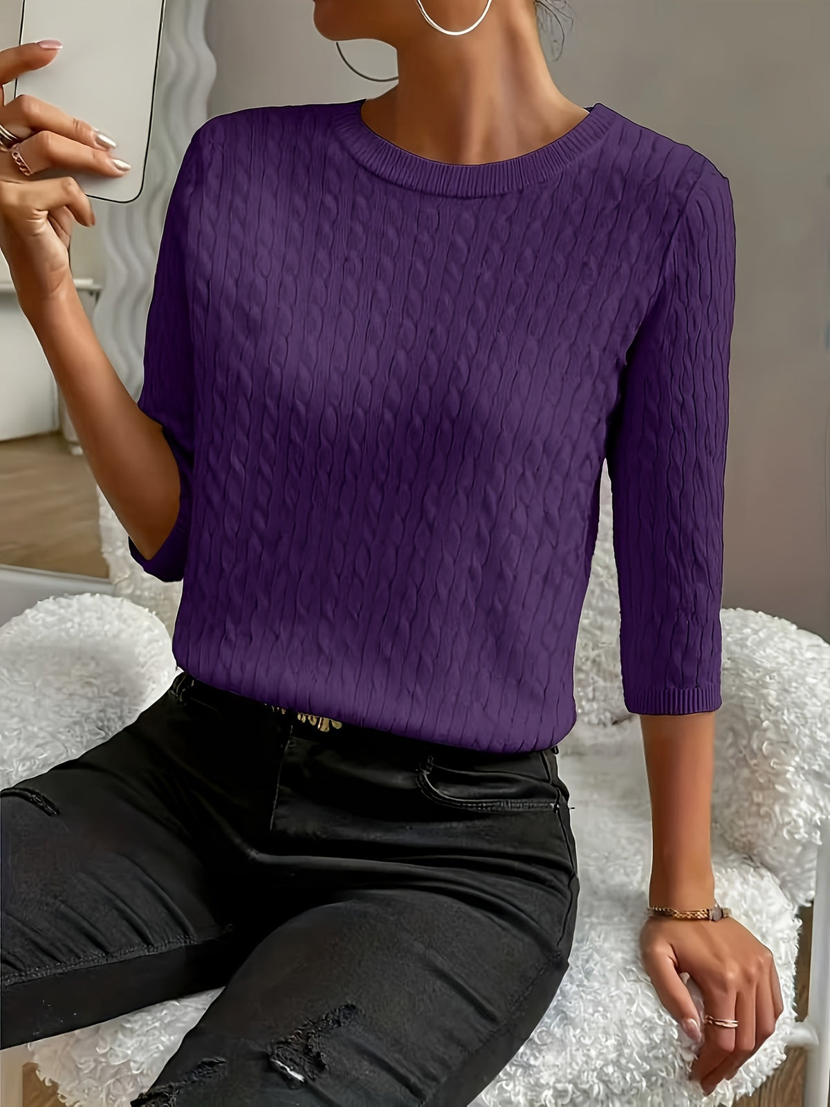 Women's Ribbed Three-Quarter Sleeve Pullover Sweater – Round Neck Solid Color Knit Top for Fall & Winter, Soft Stretch Versatile Everyday Style