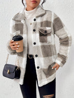 Plush Winter Jacket for Women Soft Suede PU Fabric Plaid Pattern Coat Fall Winter Warm Outerwear Khaki Black Green Pink Yellow Gray S M L XL XXL