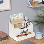 Large Solid Wood Desktop Mail Organizer with Drawer and 4 Compartments Labelable Dividers for Files Letters Paper Folders Desk Organizer for Home Office Students and Professionals