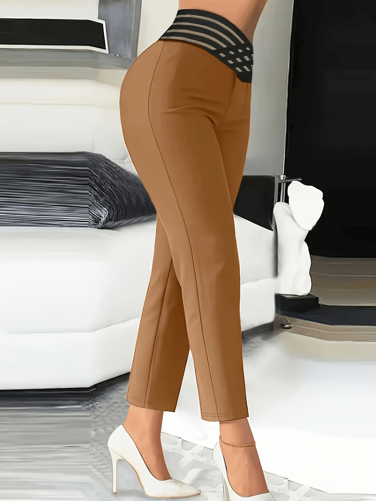 Women's High-Waisted Pencil Pants with Fabric Belt Solid Color 9/10 Length Ankle Trousers - Slim Fit Work Office Casual Pants for Spring Fall All Seasons