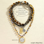 Boho Multi-Layer Tiger's Eye Beaded Necklace for Women – Vintage Nautical Compass Pendant Stackable Layered Clavicle Chain, Bohemian Statement Jewelry for Daily Party Vacation Gift