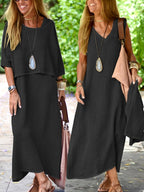 Women's Two Piece Set Casual Loose Top and Sleeveless Maxi Dress Summer Boho Outfit Black Khaki Sky Blue Slate Grey S M L XL XXL