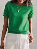 Women's Minimalist Solid Color Short Sleeve Pullover Top Round Neck High Elasticity Knit Tee - Casual Lightweight Everyday Basic for Spring Summer Outdoor Wear