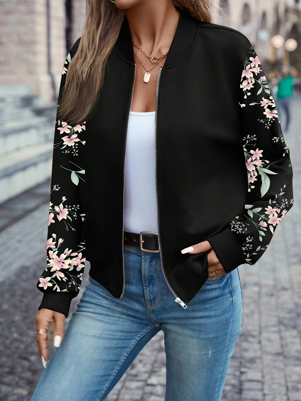 Floral Print Zip Up Jacket Women's Baseball Collar Long Sleeve Spring Fall Lightweight Coat Casual Outerwear Black S M L XL XXL